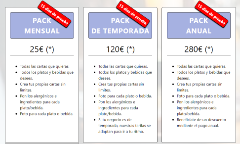 Pantalla de tarifas